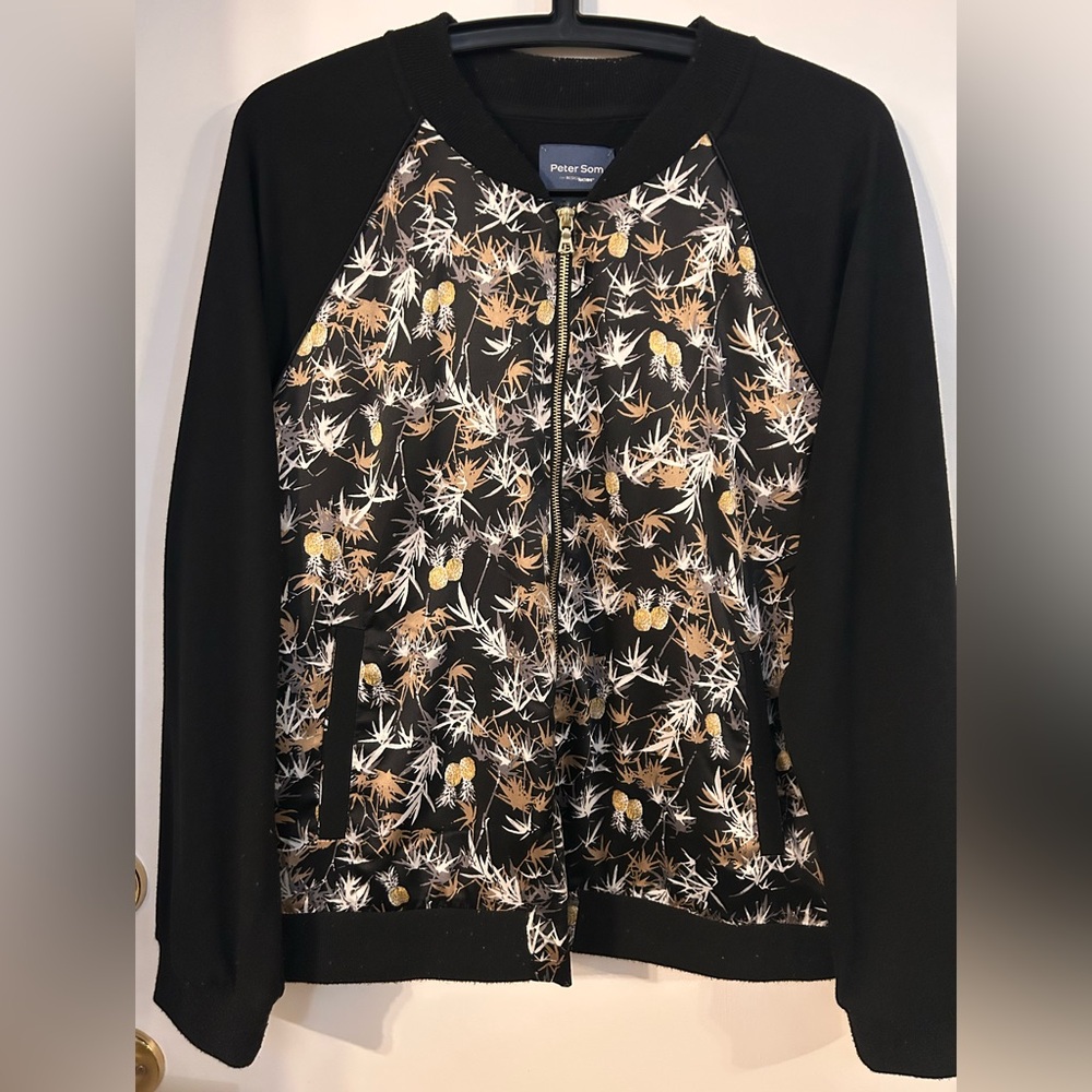 Peter Som Black and Gold Pineapple Bomber Jacket size XL